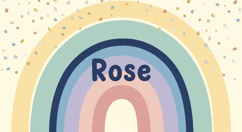 Tapet barnerom | Fargerikt regnbue med konfetti og ordet 'Rose'