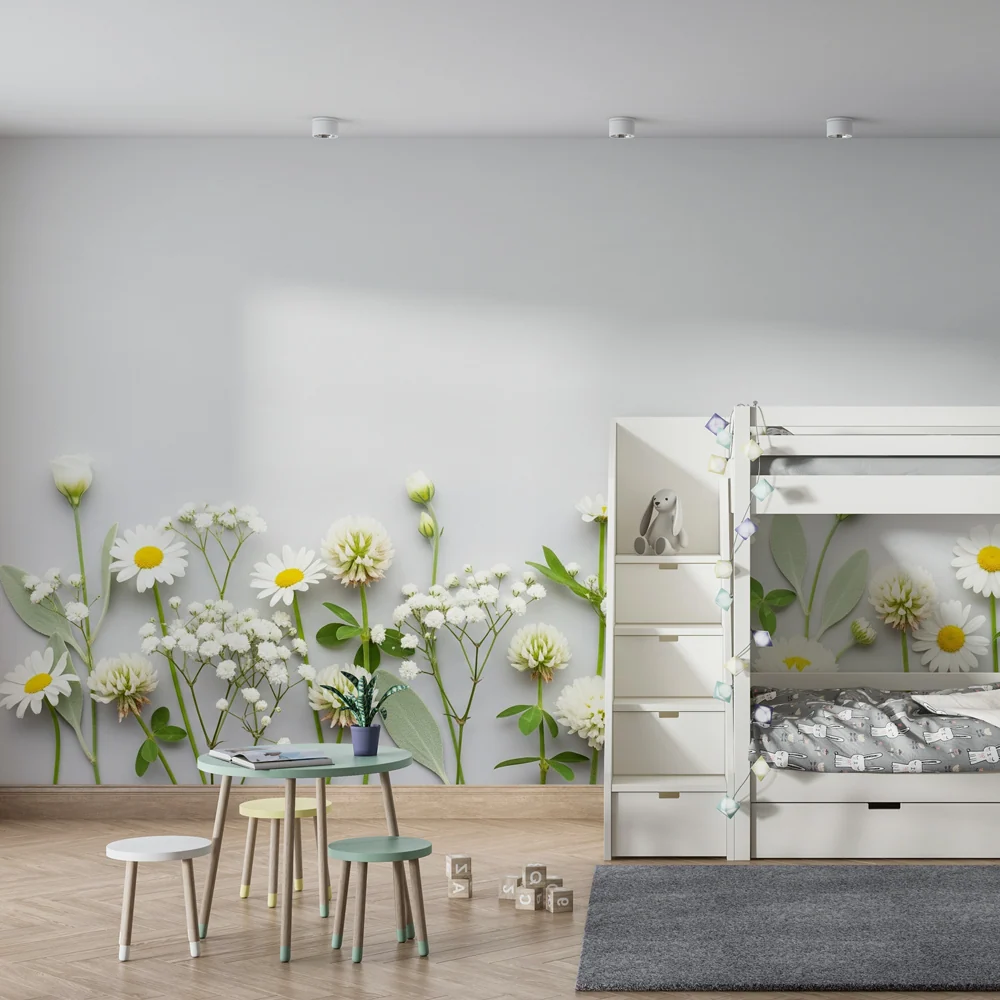 Tapet barnerom | Festival av hvite og myke blomster