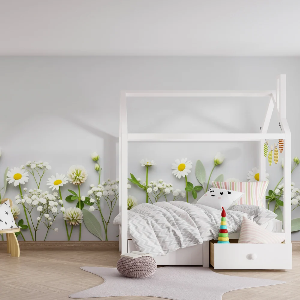Tapet barnerom | Festival av hvite og myke blomster
