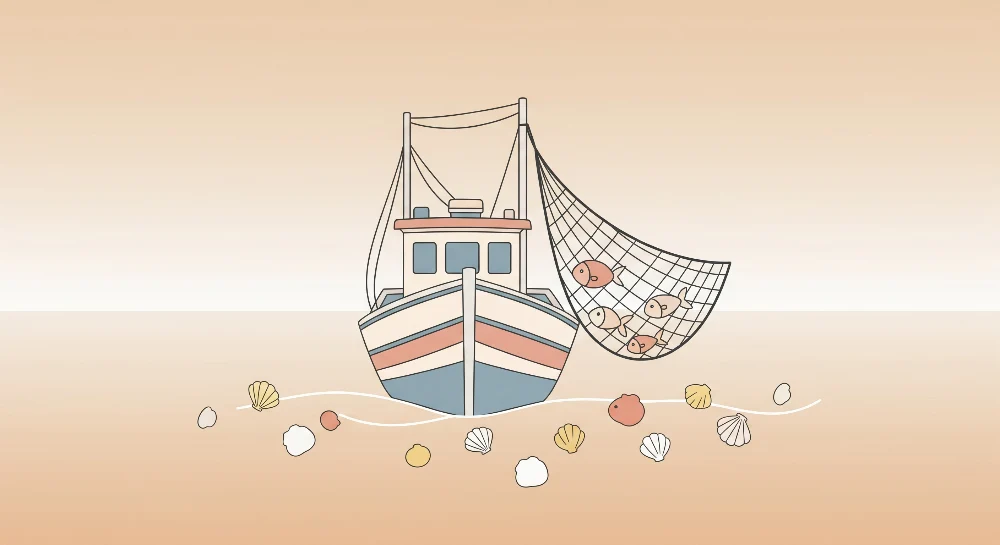 Tapet barnerom | Fiskerbåt og skjell på myk bakgrunn