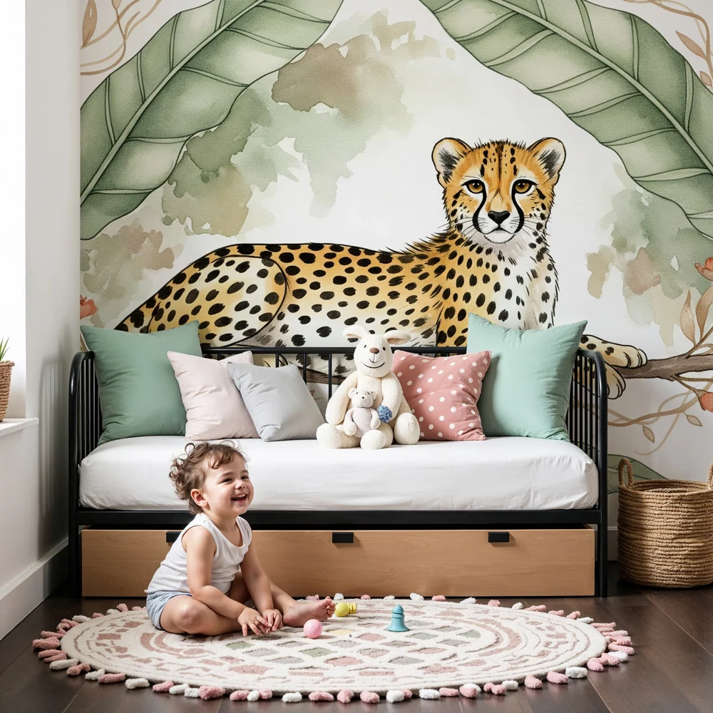 Tapet barnerom | Fredelig leopard under bladene