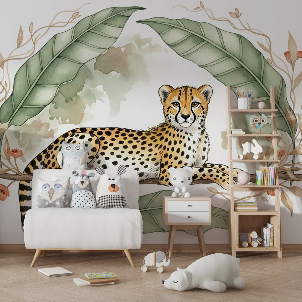 Tapet barnerom | Fredelig leopard under bladene
