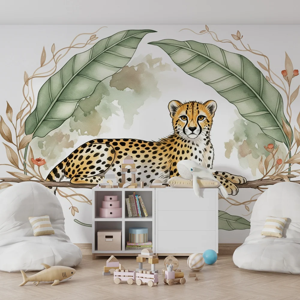 Tapet barnerom | Fredelig leopard under bladene
