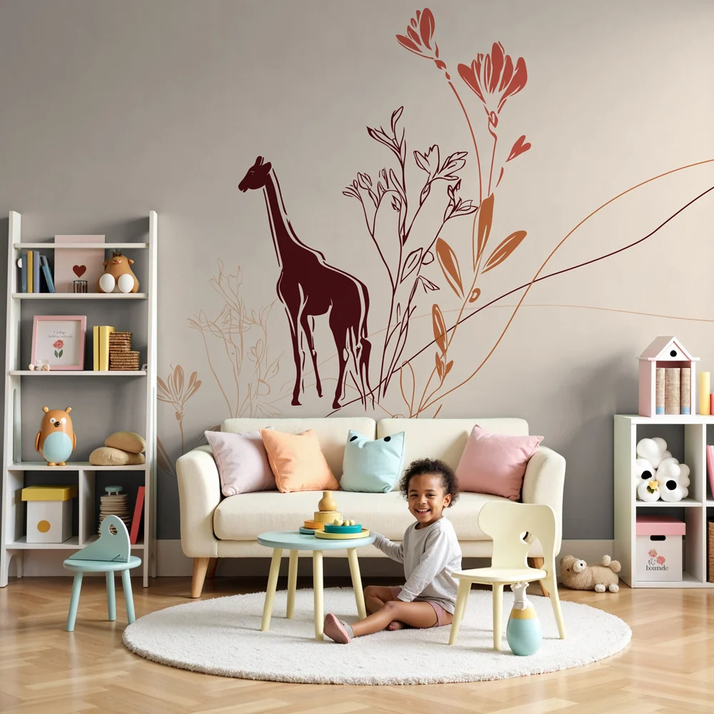 Tapet barnerom | Giraff og delikate blomster