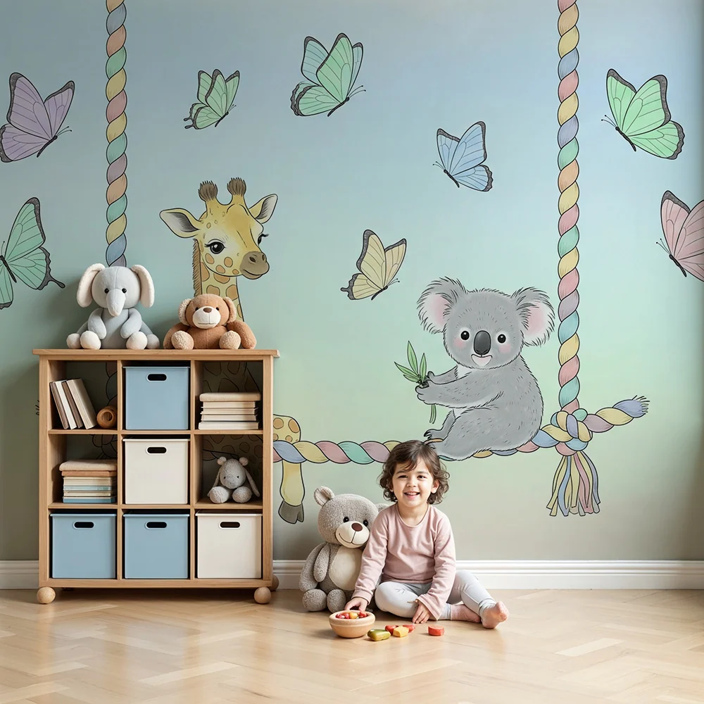 Tapet barnerom | Giraff og koala på en huske