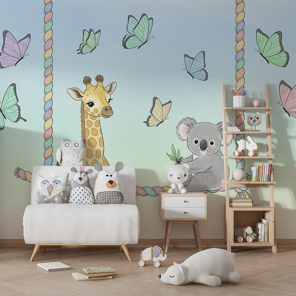 Tapet barnerom | Giraff og koala på en huske