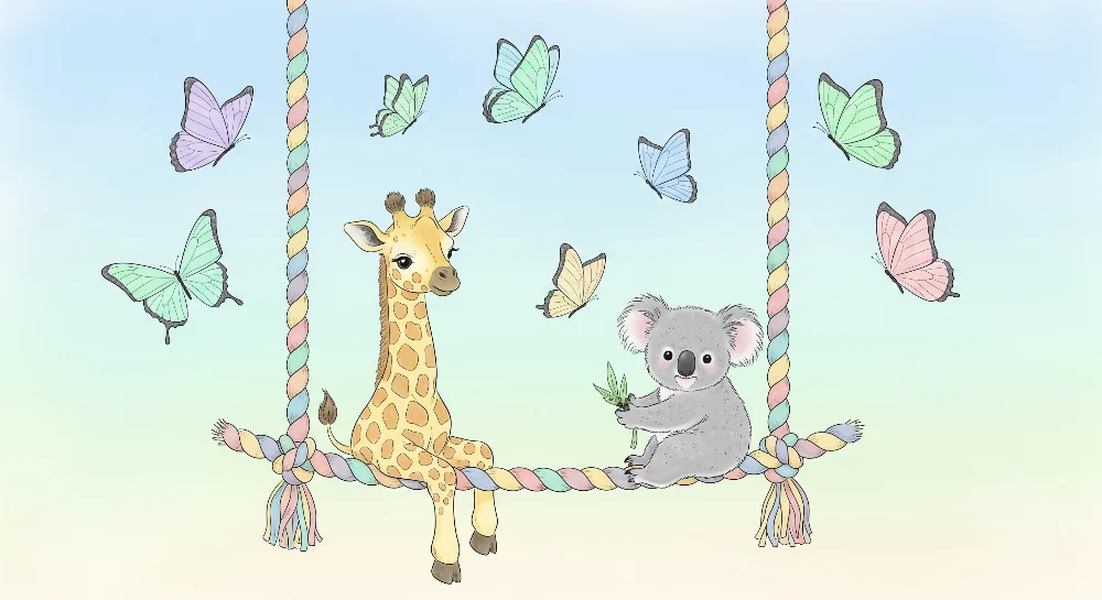 Tapet barnerom | Giraff og koala på en huske