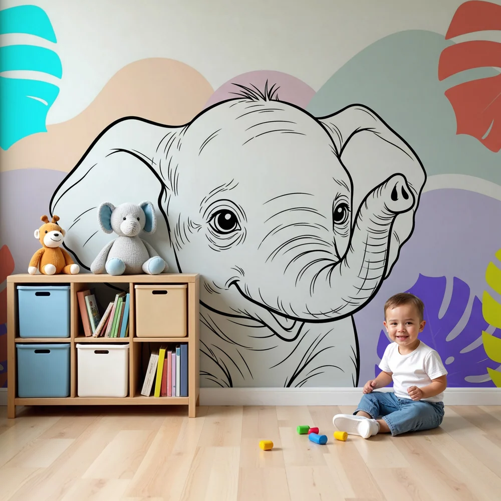 Tapet barnerom | Glad elefant midt i tropiske blader