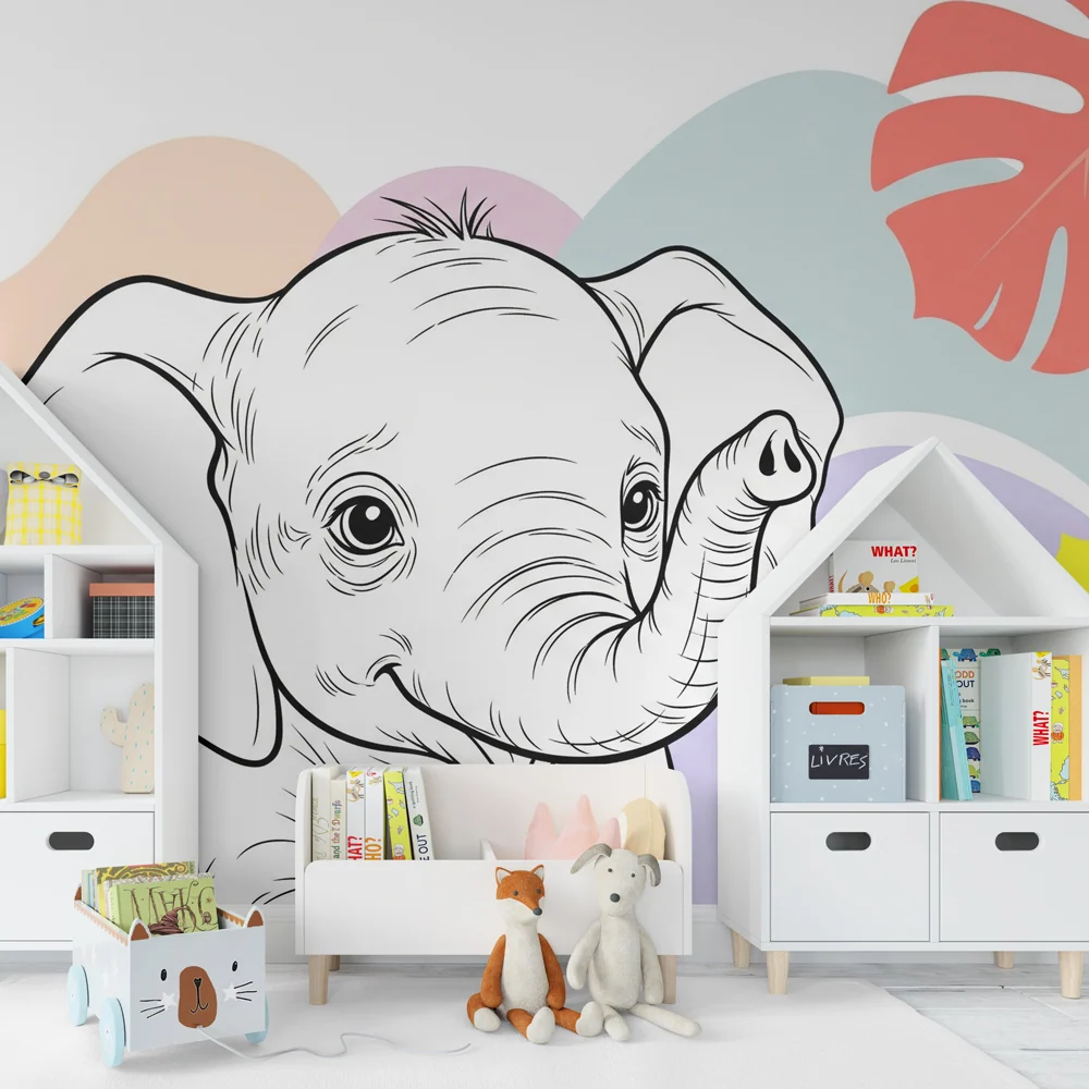 Tapet barnerom | Glad elefant midt i tropiske blader