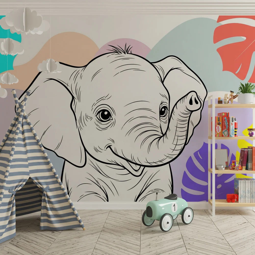 Tapet barnerom | Glad elefant midt i tropiske blader