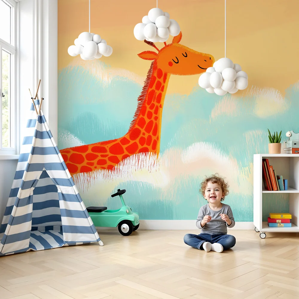 Tapet barnerom | Glad giraff i skyene