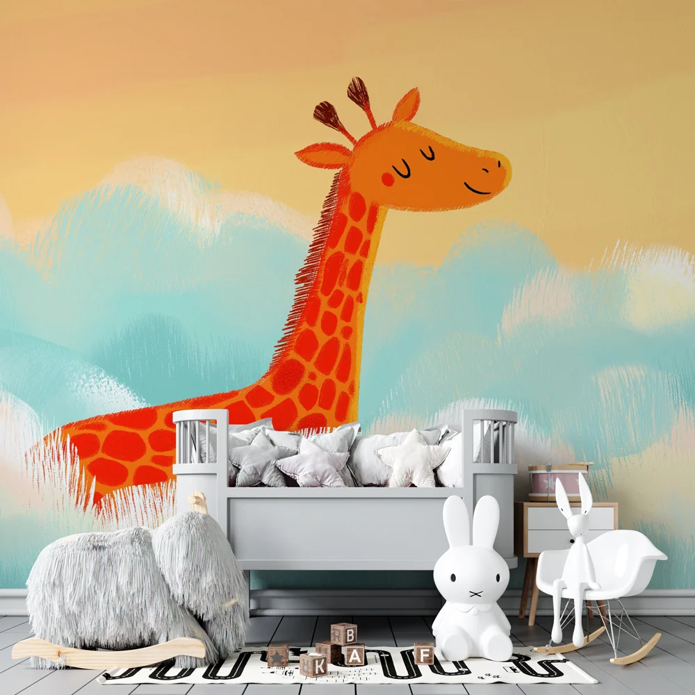 Tapet barnerom | Glad giraff i skyene
