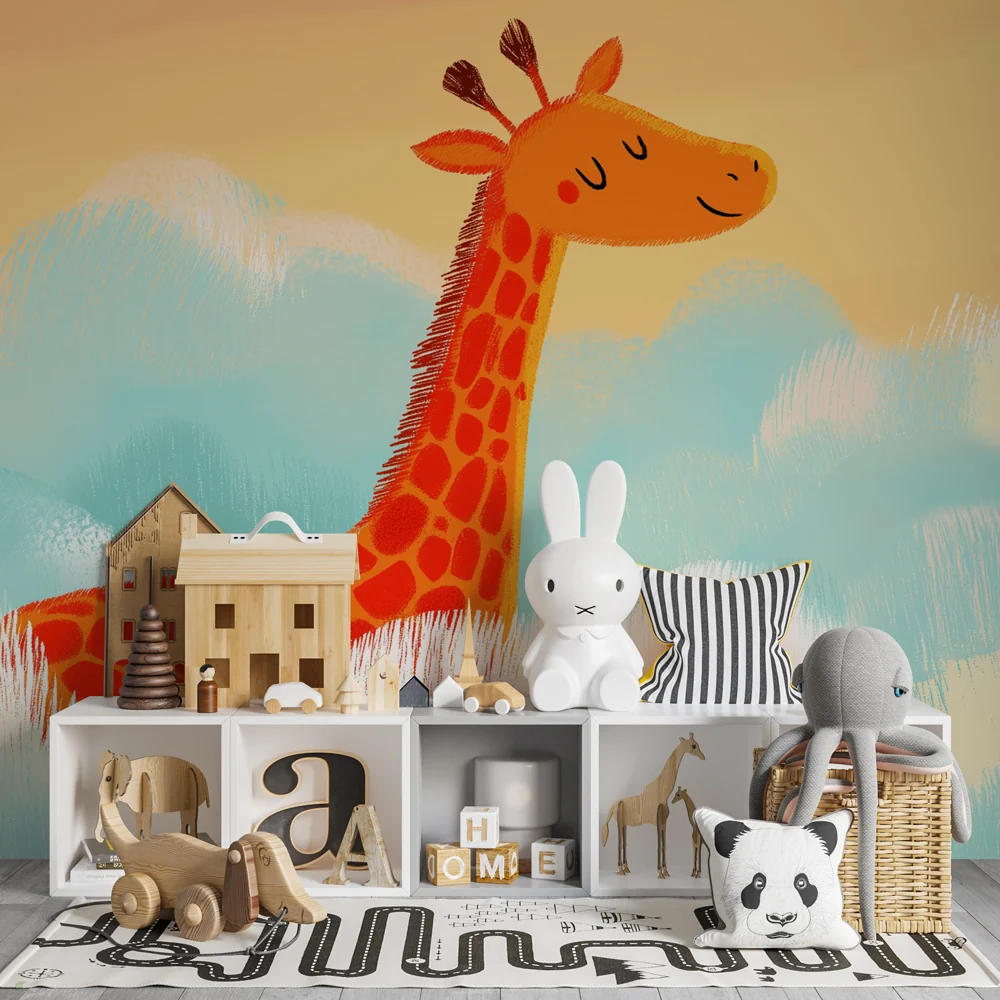 Tapet barnerom | Glad giraff i skyene