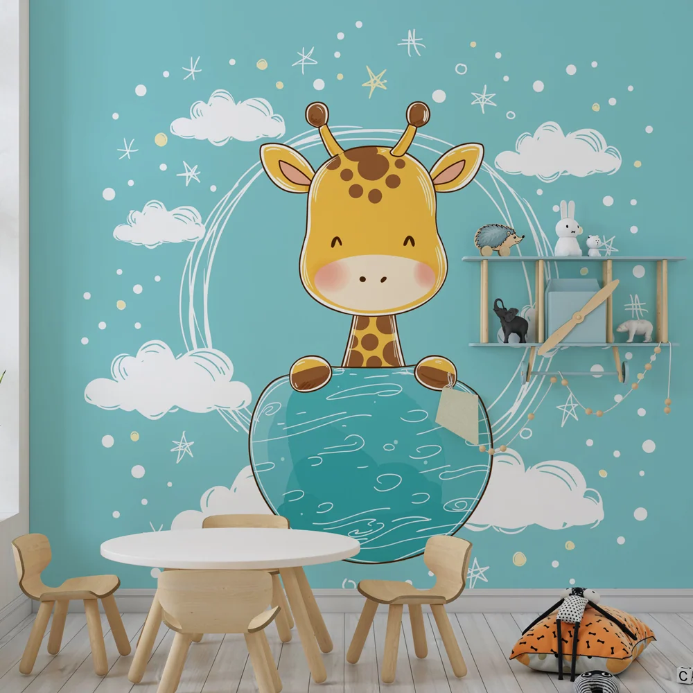Tapet barnerom | Glad giraff og stjernehimmel