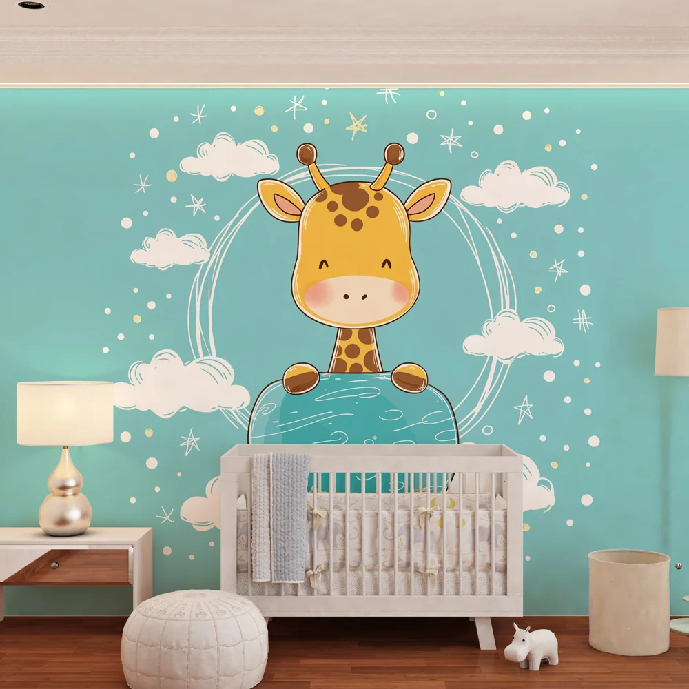 Tapet barnerom | Glad giraff og stjernehimmel