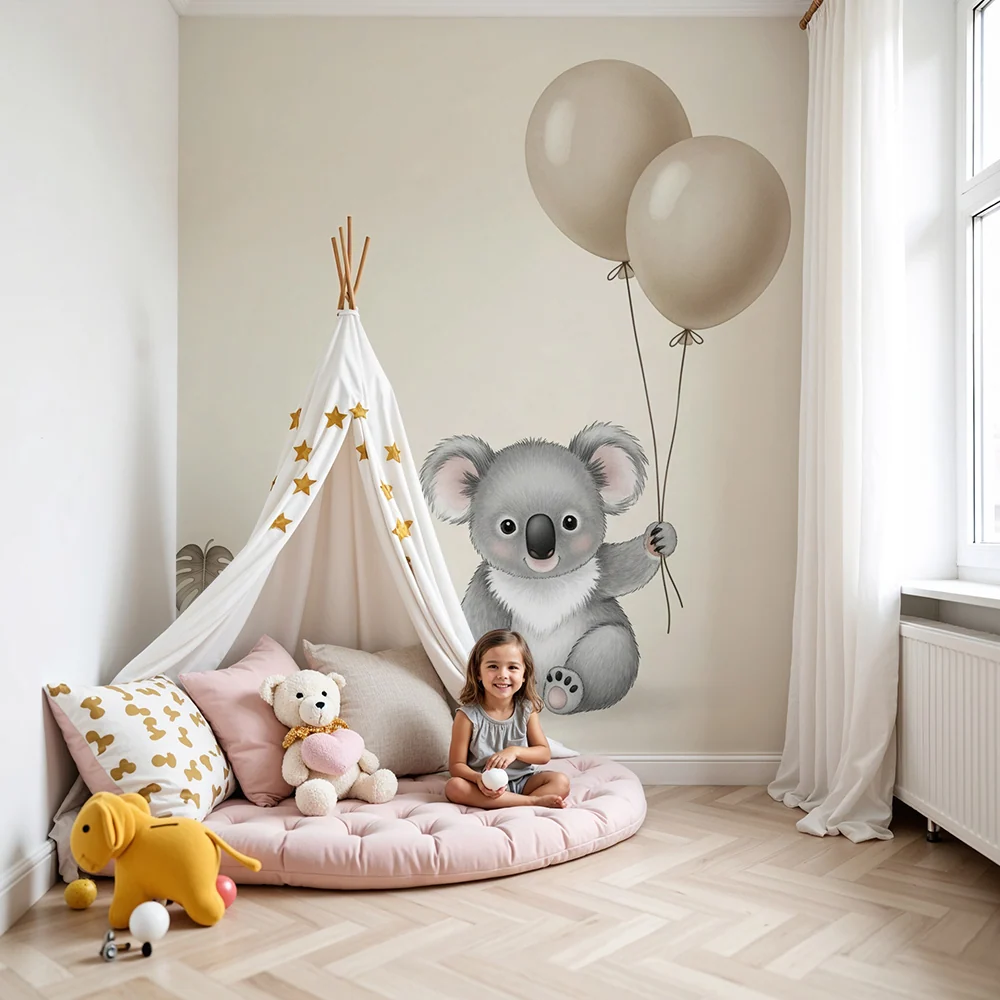 Tapet barnerom | Glad koala med ballonger og løvverk