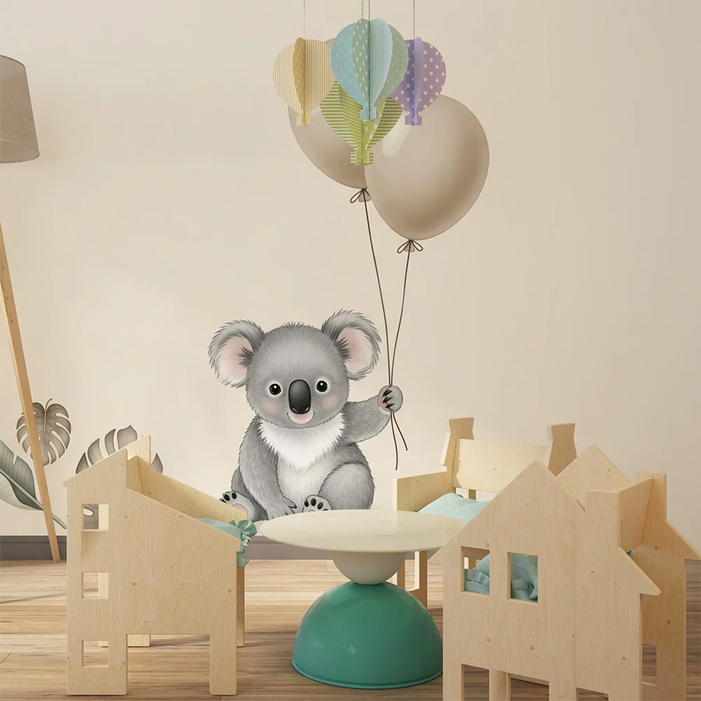 Tapet barnerom | Glad koala med ballonger og løvverk