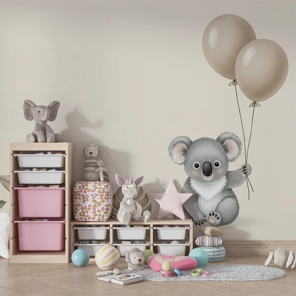 Tapet barnerom | Glad koala med ballonger og løvverk