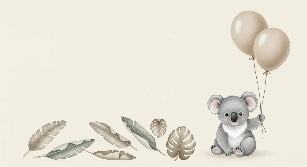 Tapet barnerom | Glad koala med ballonger og løvverk