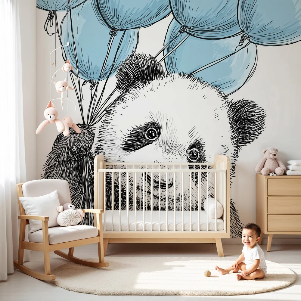Tapet barnerom | Glad panda med blå ballonger