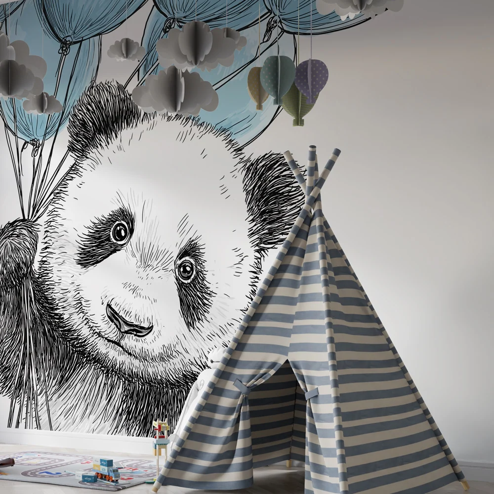 Tapet barnerom | Glad panda med blå ballonger