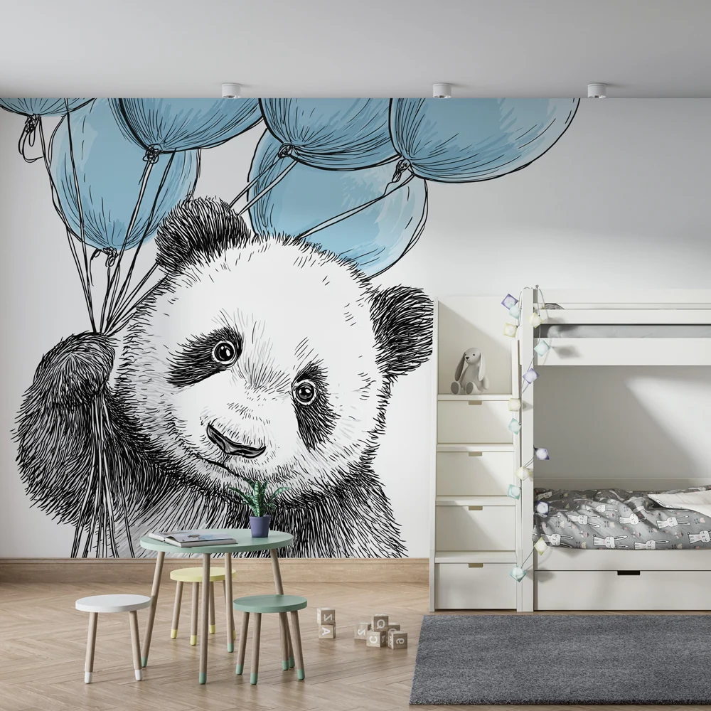 Tapet barnerom | Glad panda med blå ballonger