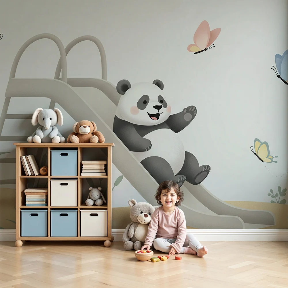 Tapet barnerom | Glad panda på sklie med sommerfugler
