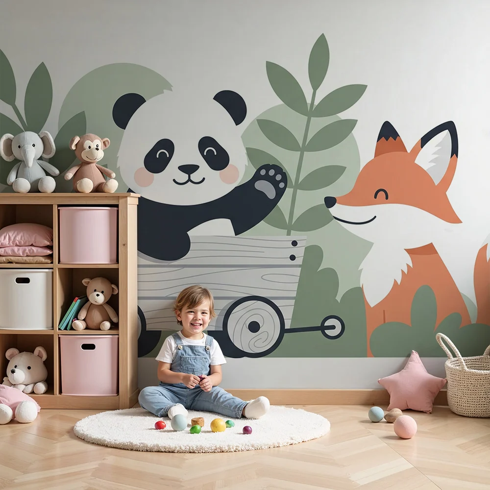 Tapet barnerom | Glad panda og vennlig rev