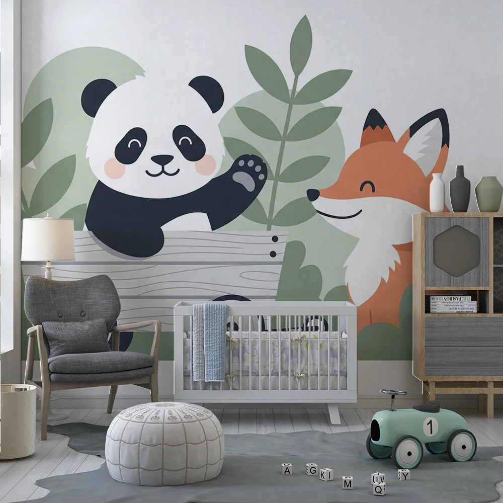 Tapet barnerom | Glad panda og vennlig rev