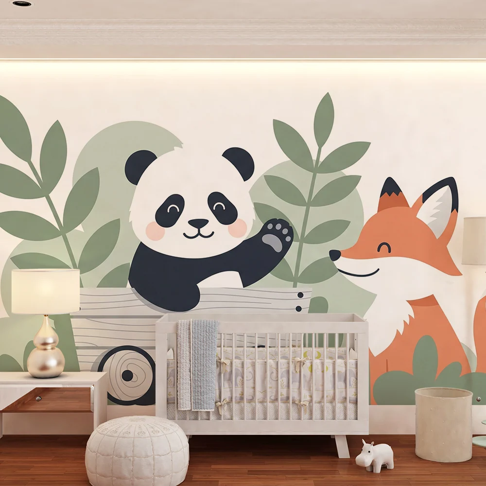 Tapet barnerom | Glad panda og vennlig rev