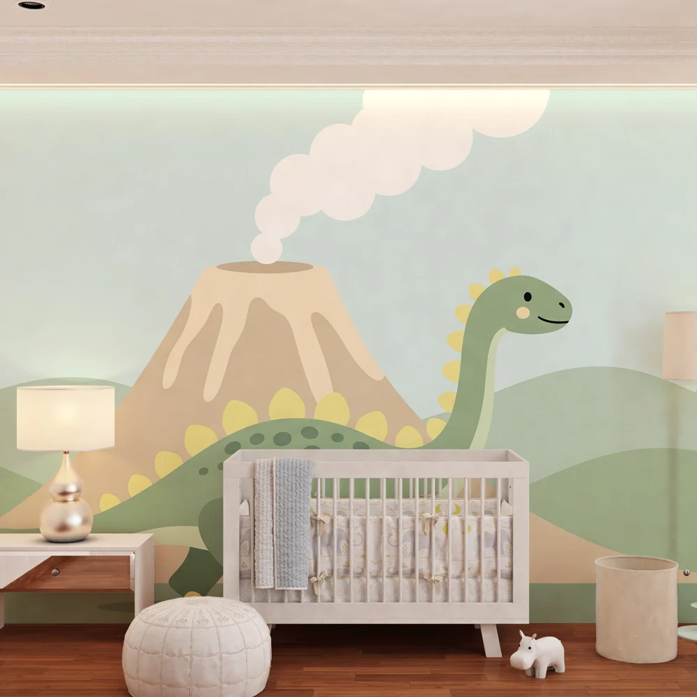 Tapet barnerom | Glade dinosaurer og vulkaner