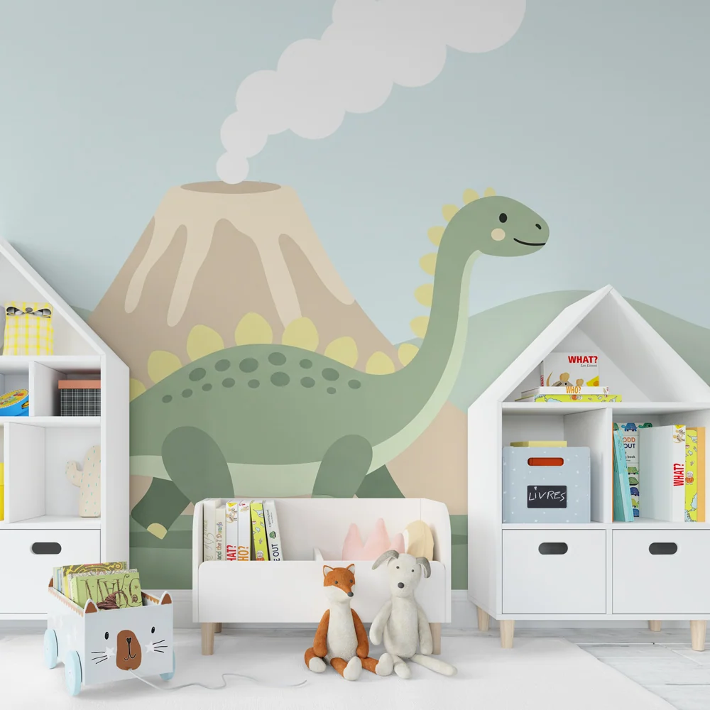 Tapet barnerom | Glade dinosaurer og vulkaner