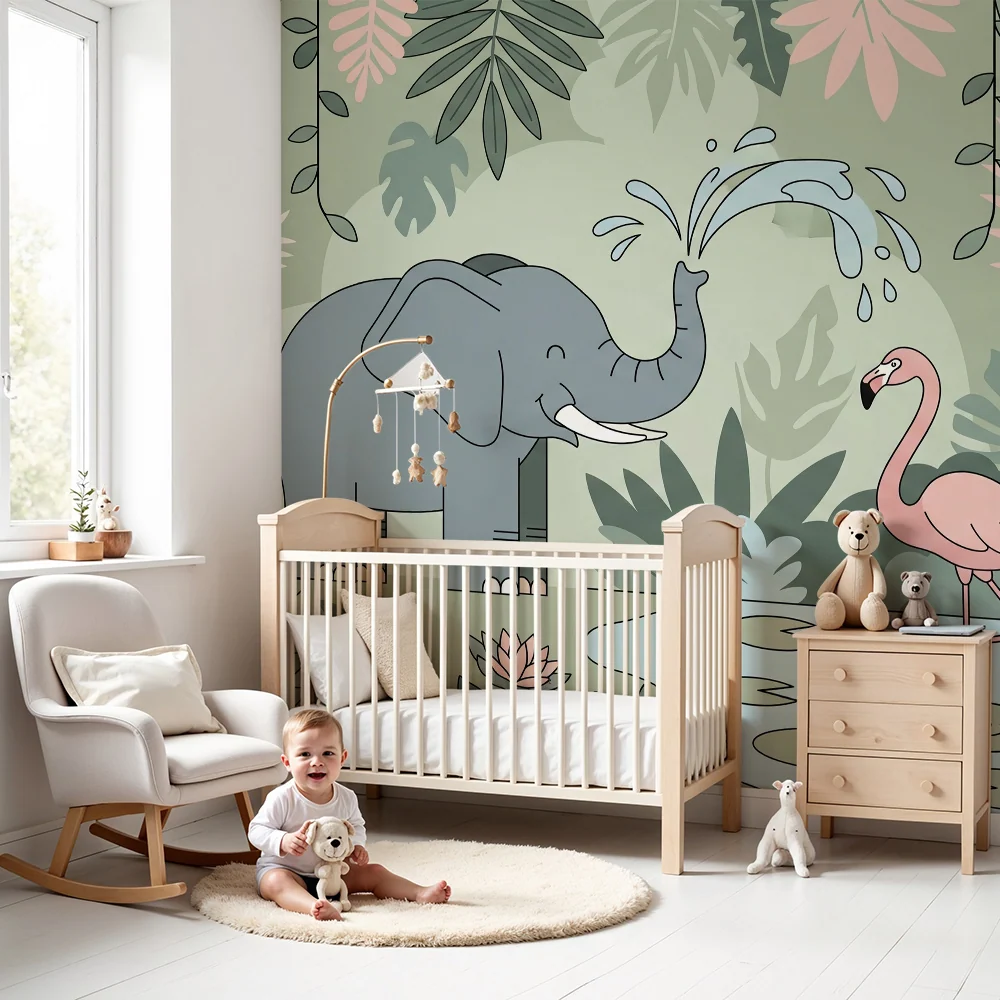 Tapet barnerom | Gledelig elefant, rampete ape og flamingo i en fargerik jungel