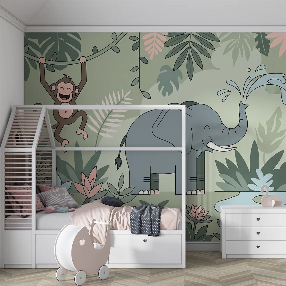 Tapet barnerom | Gledelig elefant, rampete ape og flamingo i en fargerik jungel