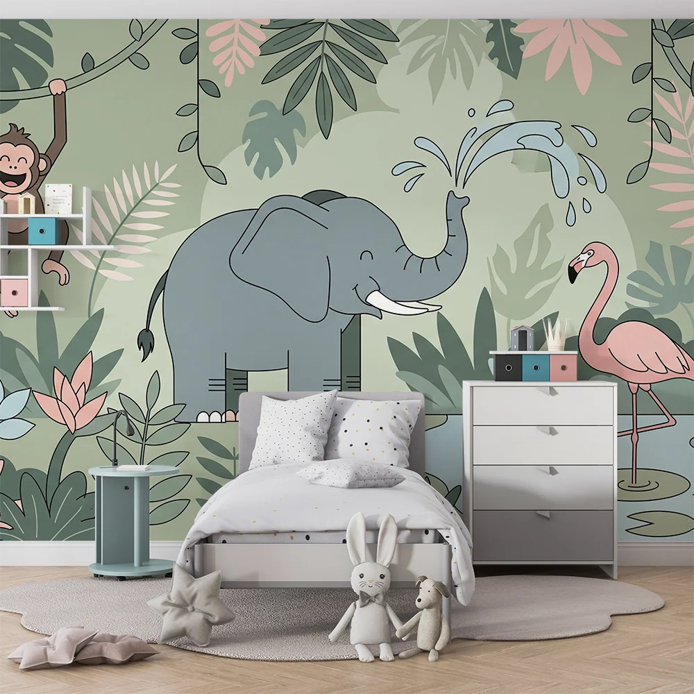 Tapet barnerom | Gledelig elefant, rampete ape og flamingo i en fargerik jungel