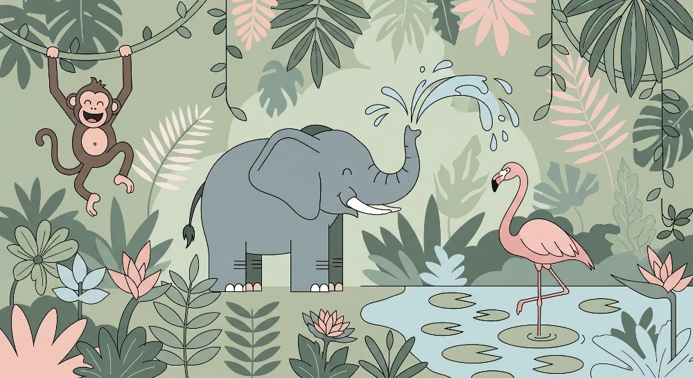 Tapet barnerom | Gledelig elefant, rampete ape og flamingo i en fargerik jungel