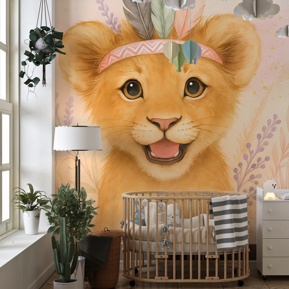 Tapet barnerom | Gledelig løveunge og blomstermotiver