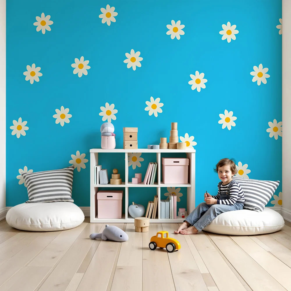 Tapet barnerom | Hvite blomster på blå bakgrunn