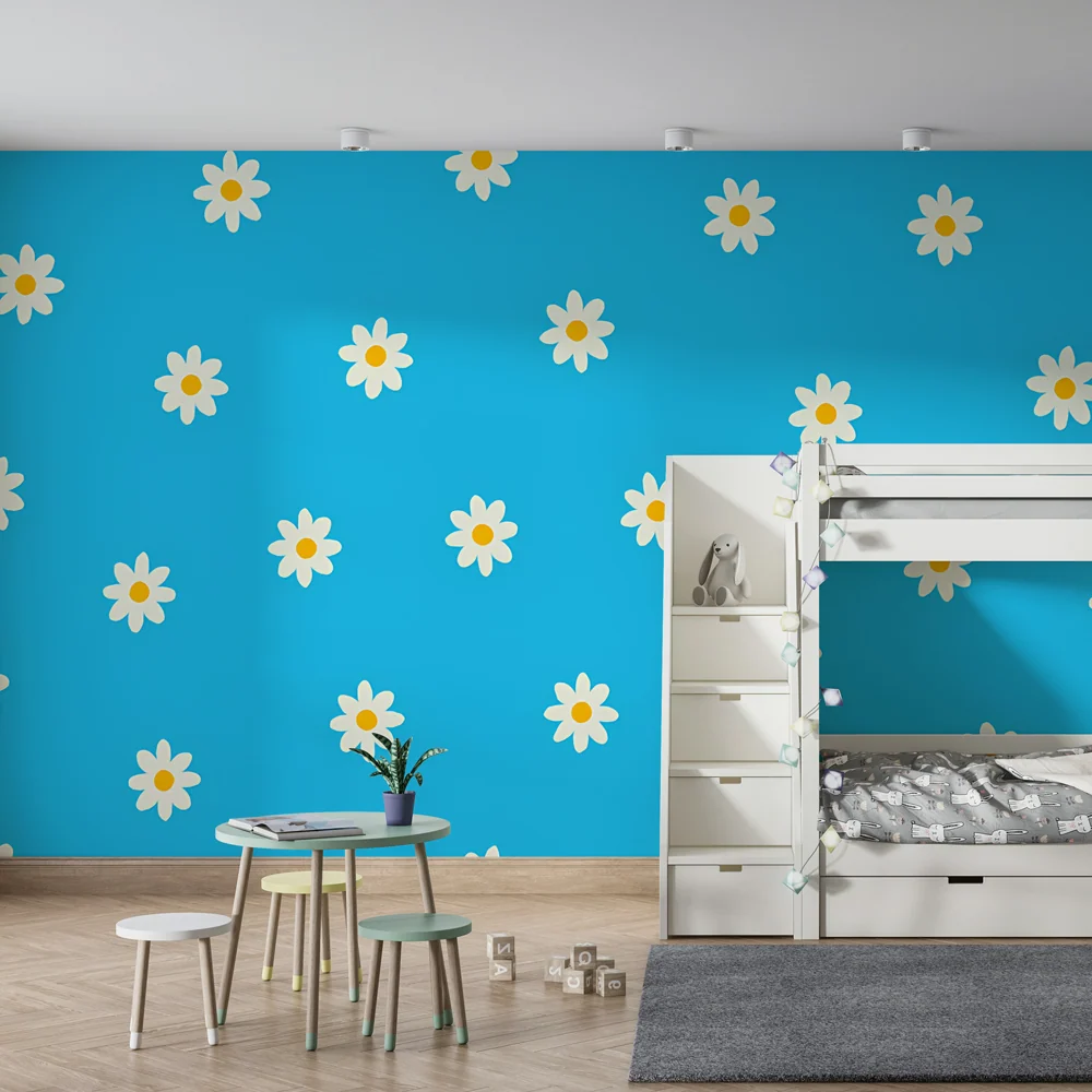 Tapet barnerom | Hvite blomster på blå bakgrunn