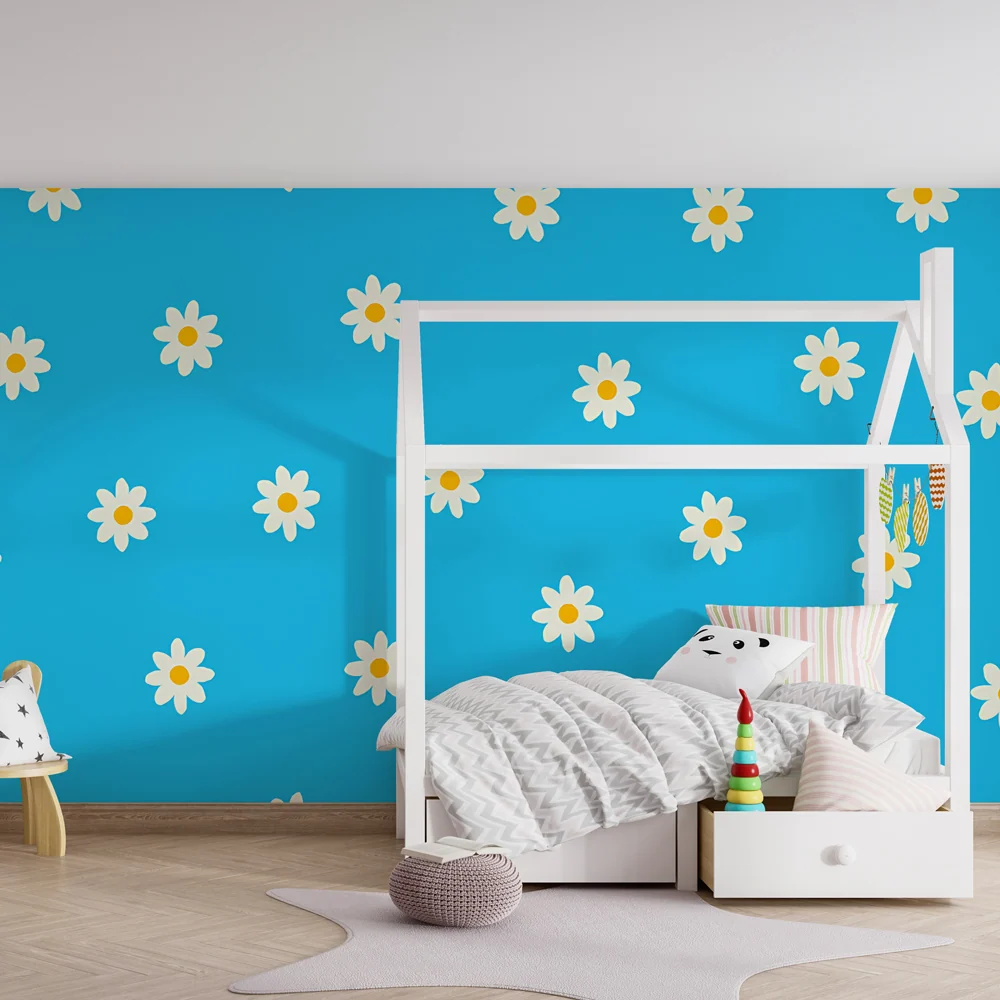 Tapet barnerom | Hvite blomster på blå bakgrunn