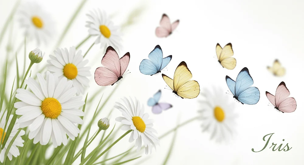 Tapet barnerom | Hvite blomster og fargerike sommerfugler i en vårlig dekor