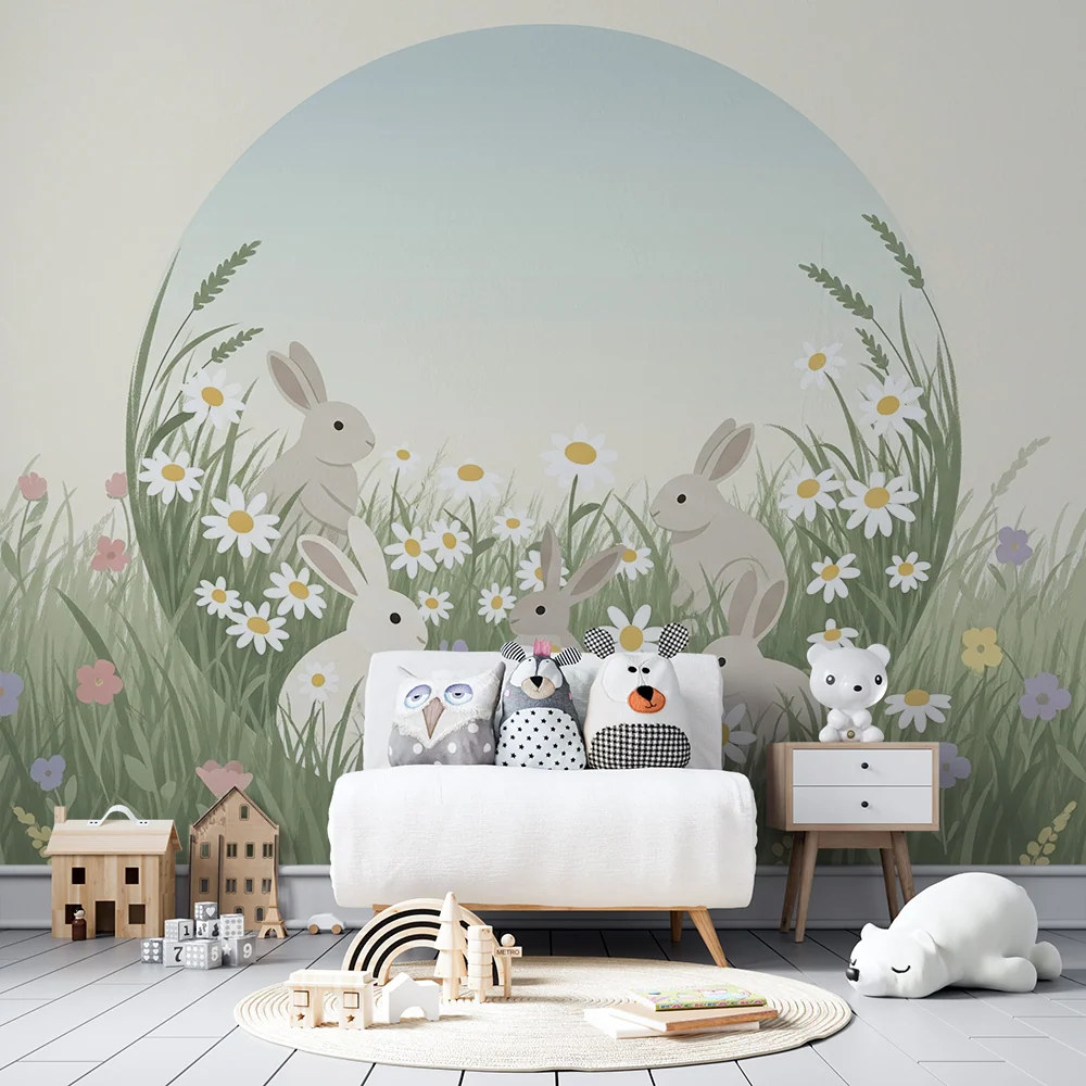 Tapet barnerom | Kaniner i en blomstereng med tusenfryd