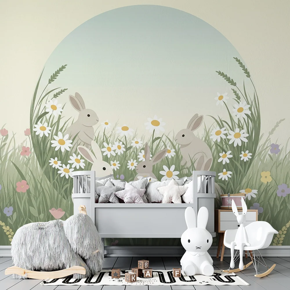 Tapet barnerom | Kaniner i en blomstereng med tusenfryd