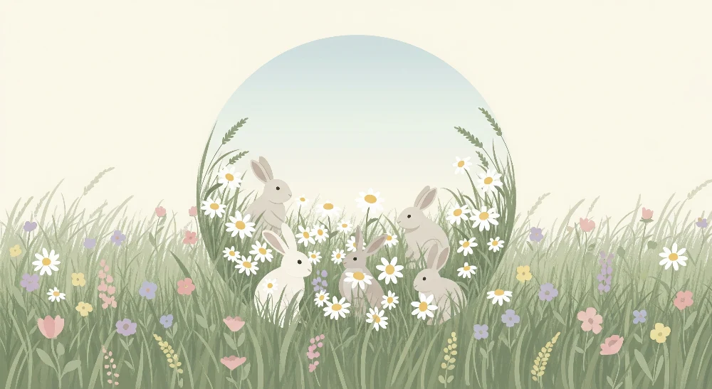 Tapet barnerom | Kaniner i en blomstereng med tusenfryd