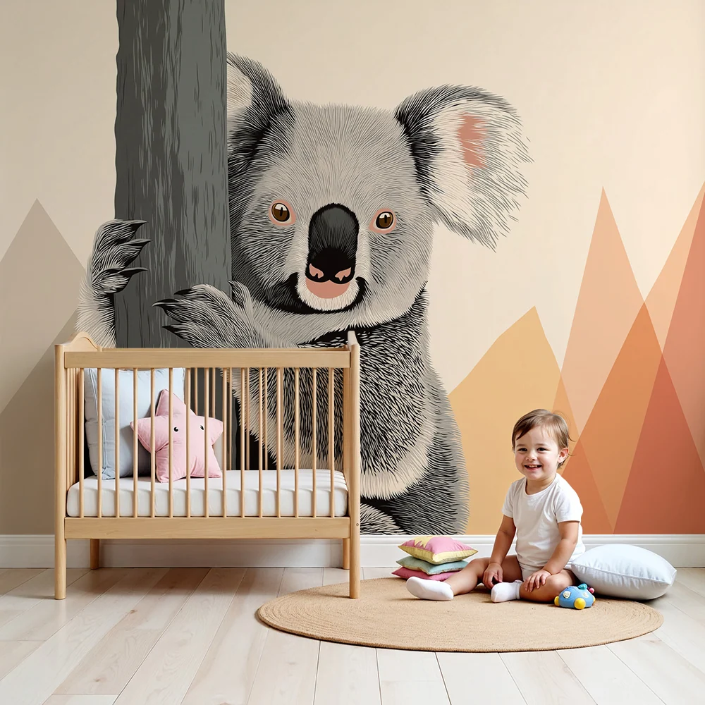 Tapet barnerom | Søt koala på fargerikt geometrisk bakgrunn