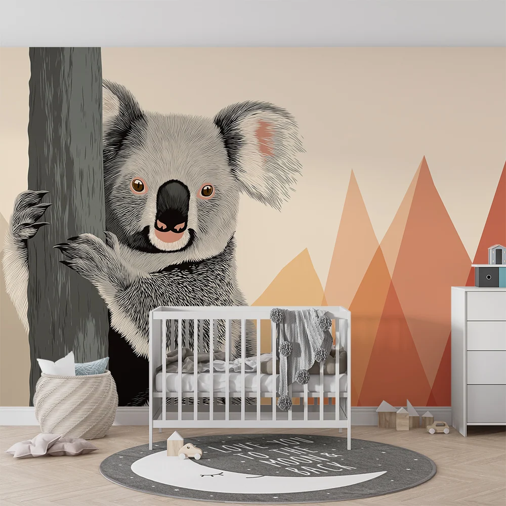 Tapet barnerom | Søt koala på fargerikt geometrisk bakgrunn