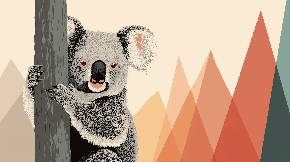 Tapet barnerom | Søt koala på fargerikt geometrisk bakgrunn