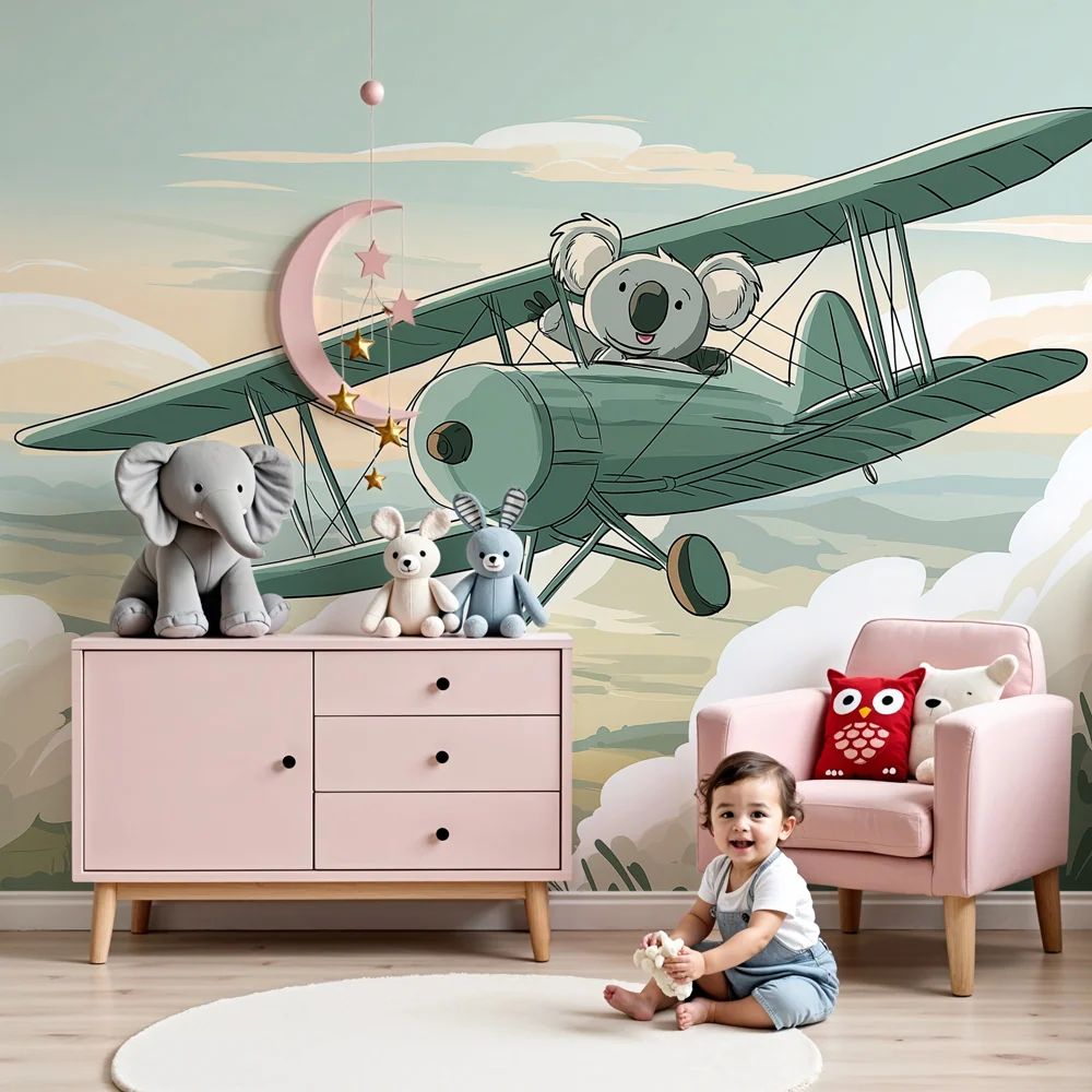 Tapet barnerom | En koala flyr et fly i skyene