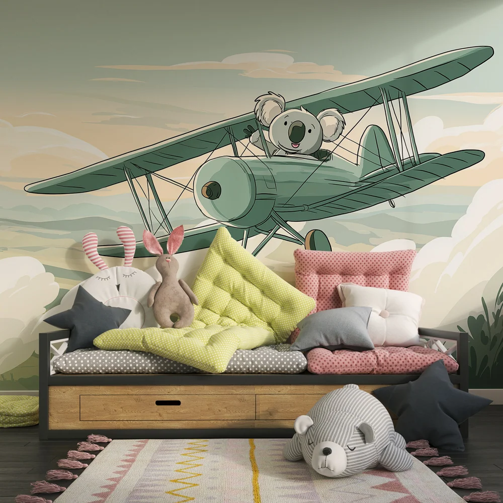 Tapet barnerom | En koala flyr et fly i skyene