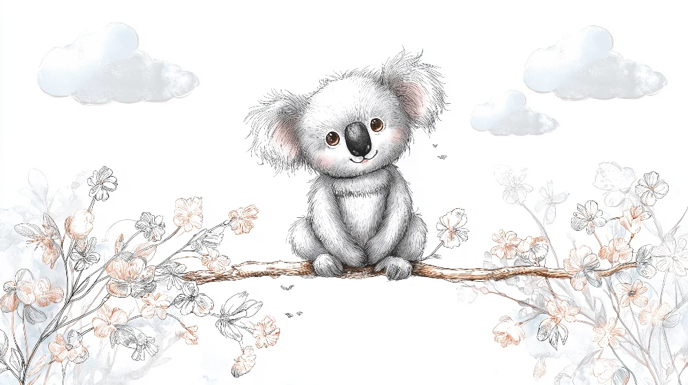 Tapet barnerom | Søt koala på en gren med delikate blomster